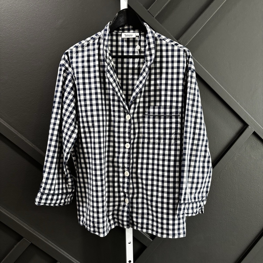 Sleepy Jones Womens Size L Navy White Gingham Pajama Top Button Front
